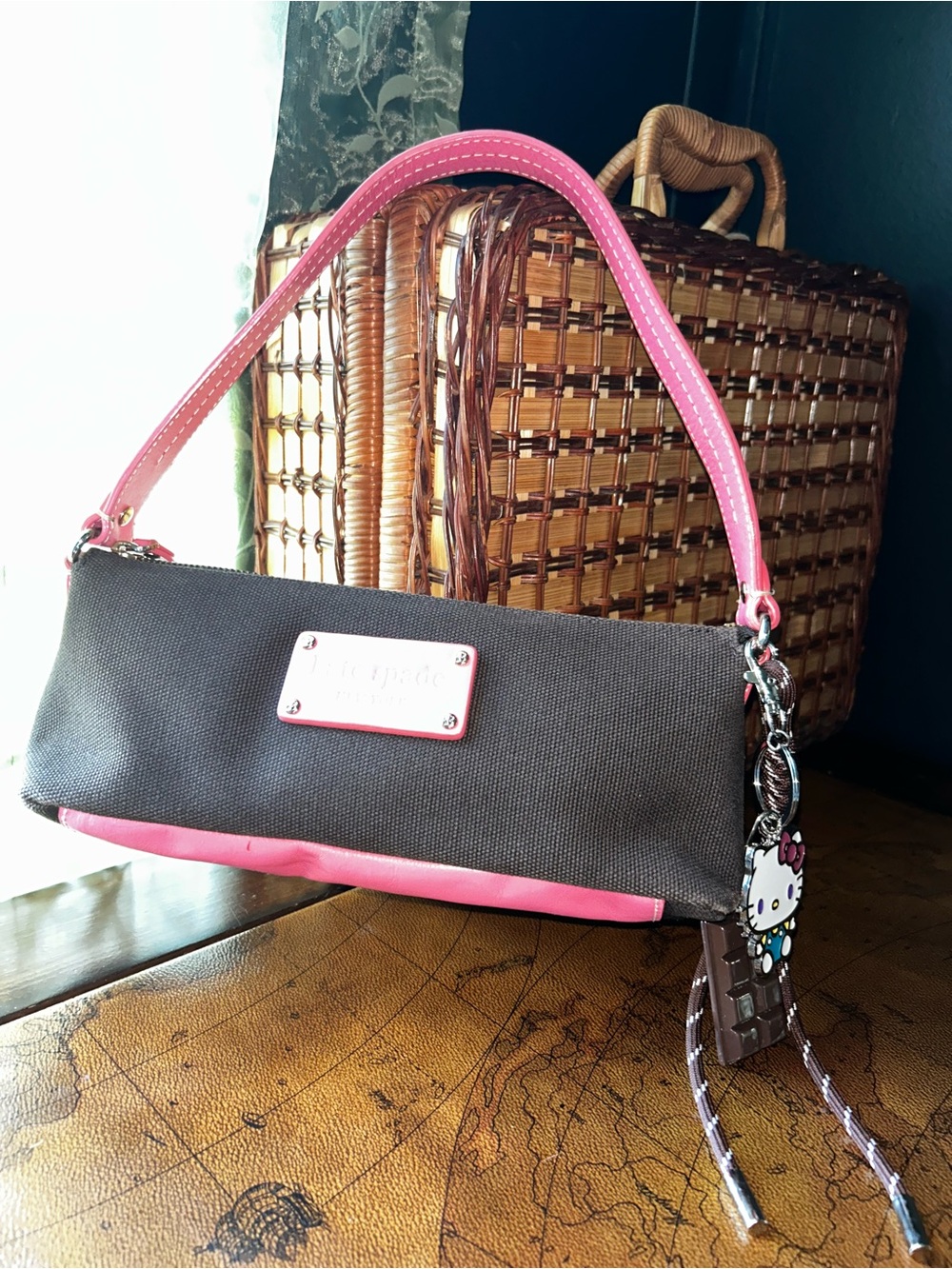 Vintage Kate Spade Mini Bag Brown Canvas with Pink Leather Trim & HelloKitty Tag - Picture 16 of 16